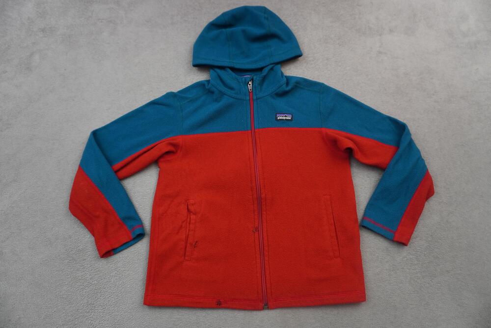 Patagonia Fleece Jacket Youth Small 7/8 Red Blue Hooded Colorblock Full Zip